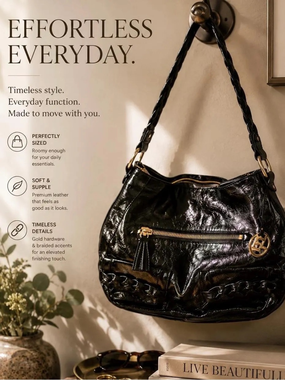 Elliott Lucca Black Leather Shoulder Bag | Braided Strap/Pocktes Purse | Classic